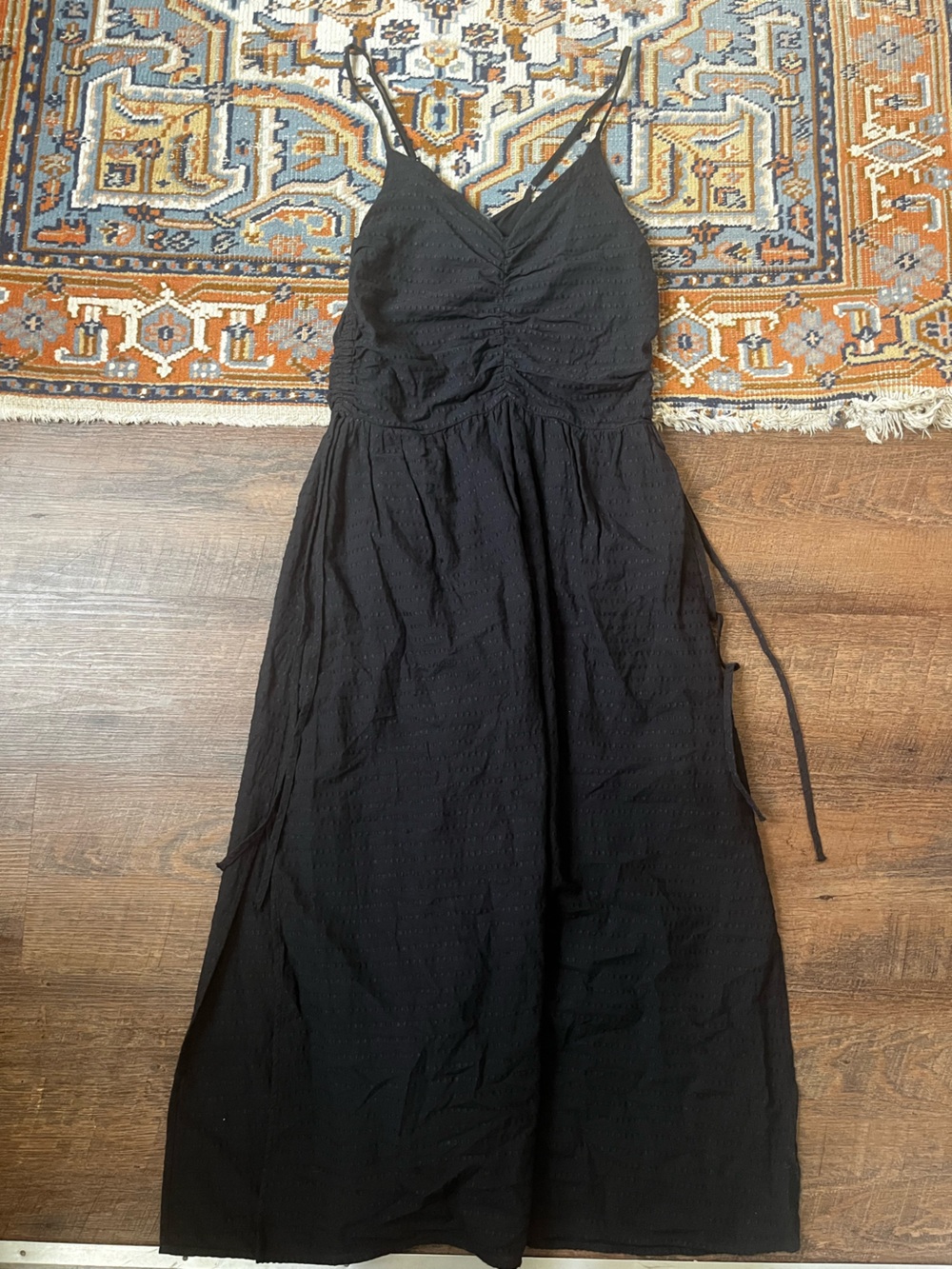 Nation LTD Peppa Ruched Cotton Linen Black Sundress Midi S